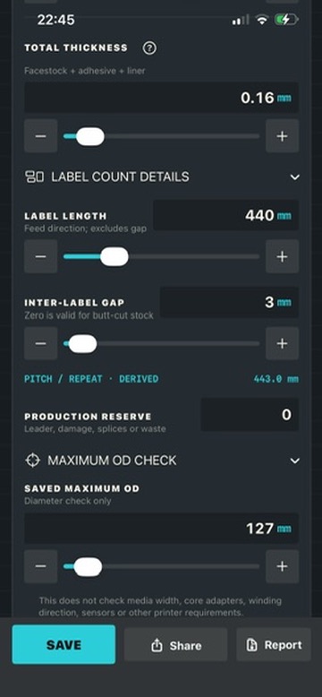 Expanded RollLength controls for label length, inter-label gap, production reserve, and maximum outside diameter