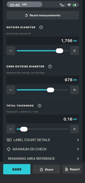 RollLength measurement controls for outside diameter, core outside diameter, and total media thickness
