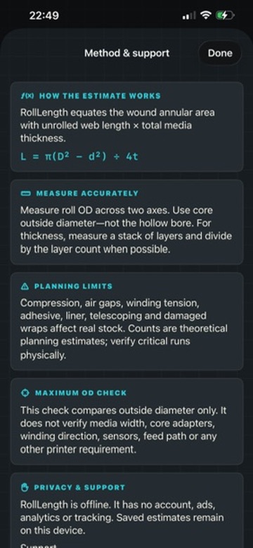 RollLength Method and support screen explaining the estimate formula, measurement guidance, planning limits, and privacy