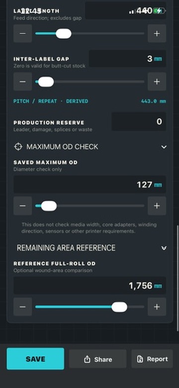 RollLength maximum outside diameter and reference full-roll diameter controls