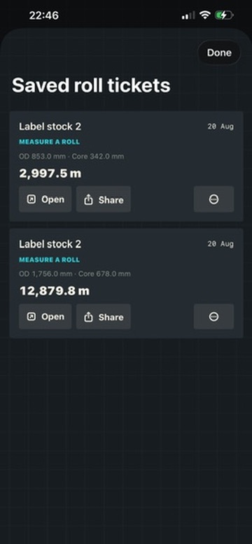 Saved roll tickets screen showing two locally stored estimates with open and share actions