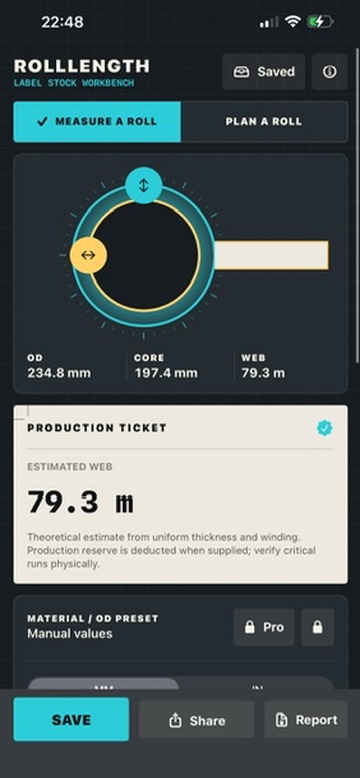 RollLength Measure a Roll screen with an interactive roll cross-section and a production ticket estimating 79.3 metres of web
